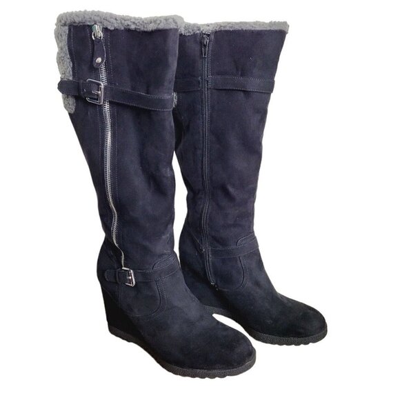 UNISA HUXLEY Sz 9 1/2 Microfleece Tall Boots Wedge Heel Black Faux Shearling - Picture 2 of 9